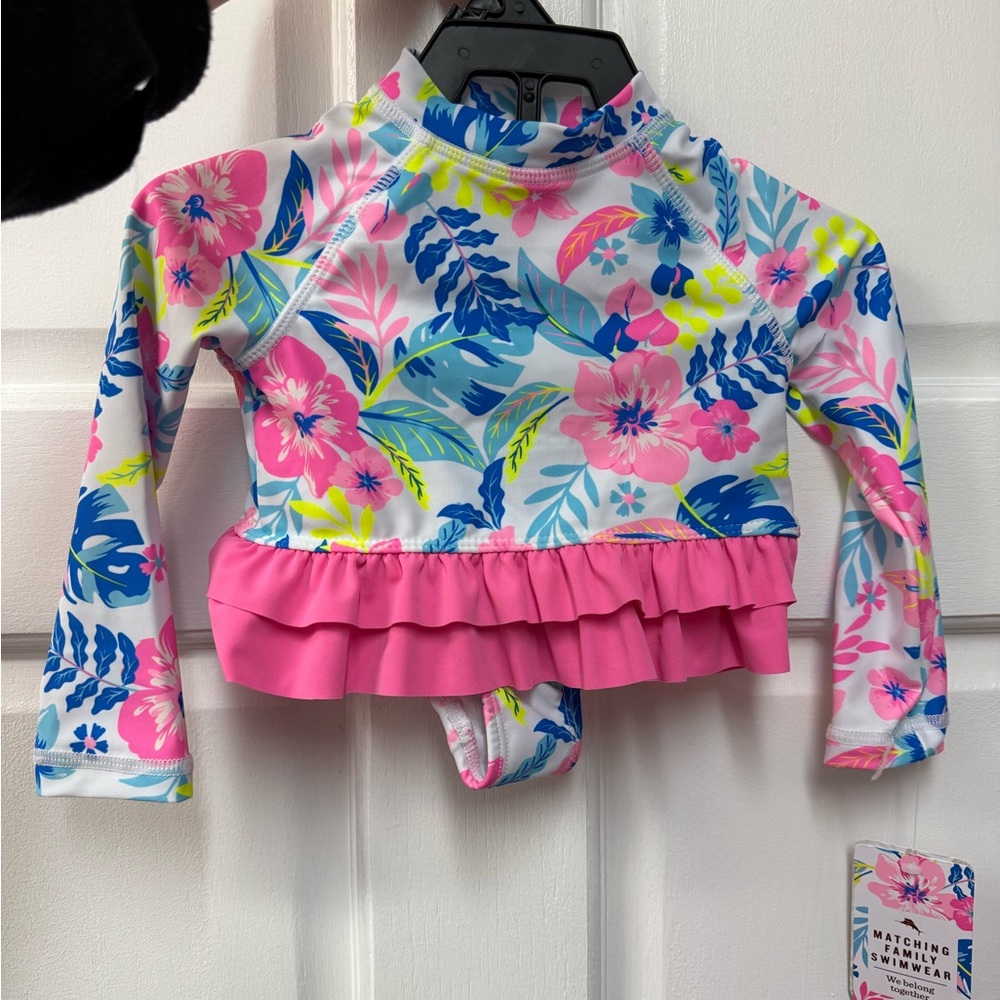 Tommy Bahama Pink and Blue Rashguard with Tropical Print 12 month old girls